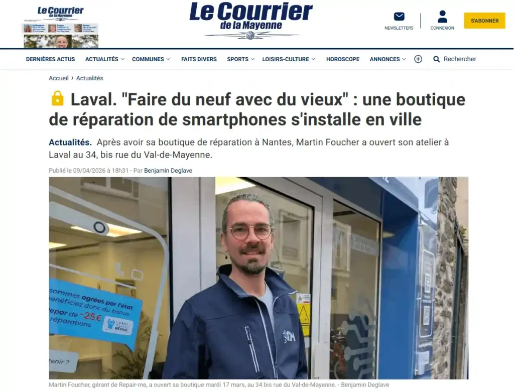 Article du courrier de la mayenne , journal local. date du 09/04/2026.