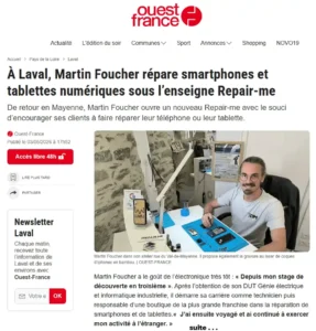 Article Ouest France du 03/05/2026 sur l'installation de REPAIR-ME à Laval. Réparateur de smartphones et tablettes toutes marques